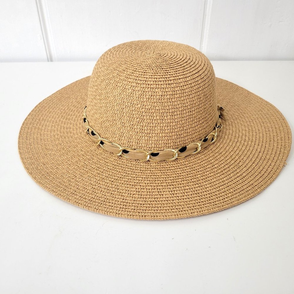 Nicole Marciano Straw Hat with Gold Chain Trim
